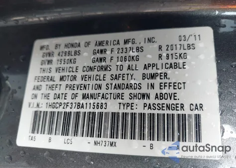 2011 Honda Accord 2.4 Lx from USA, damaged, VIN 1HGCP2F37BA115683